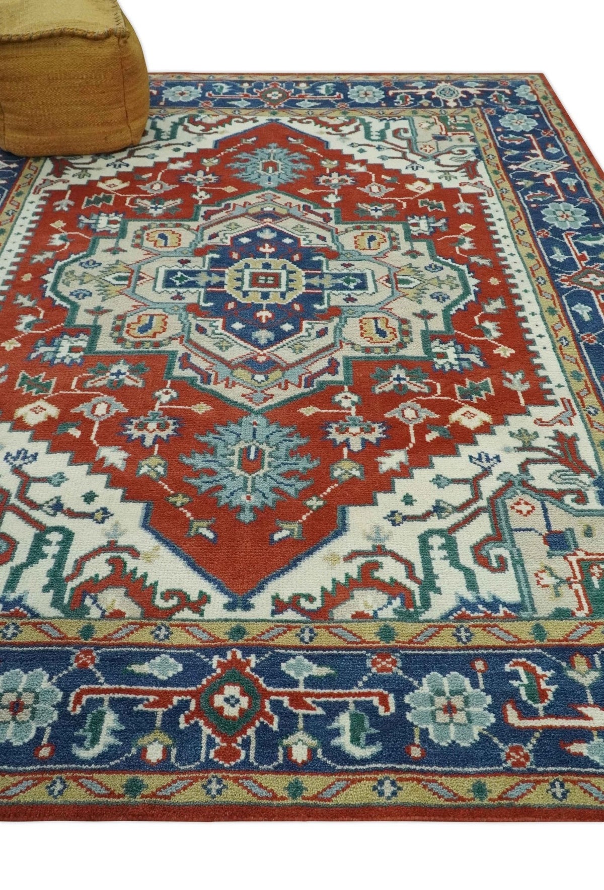 Custom Made Traditional Rust, Ivory and Blue Heriz Medallion Wool Area Rug.