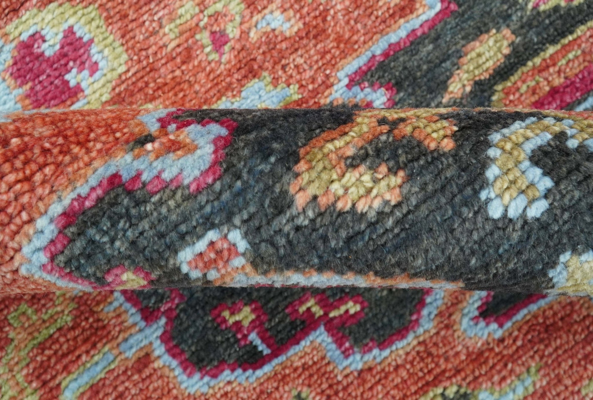 Custom Made Traditional Central Medallions Design Rust And Black Hand Knotted Wool Rug.