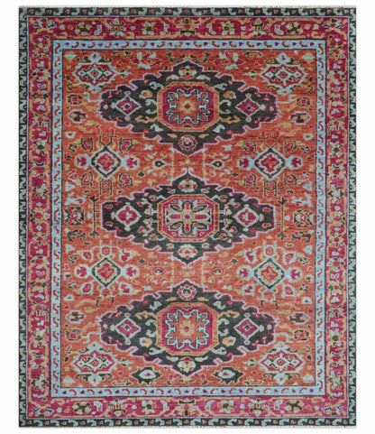 Custom Made Traditional Central Medallions Design Rust And Black Hand Knotted Wool Rug.