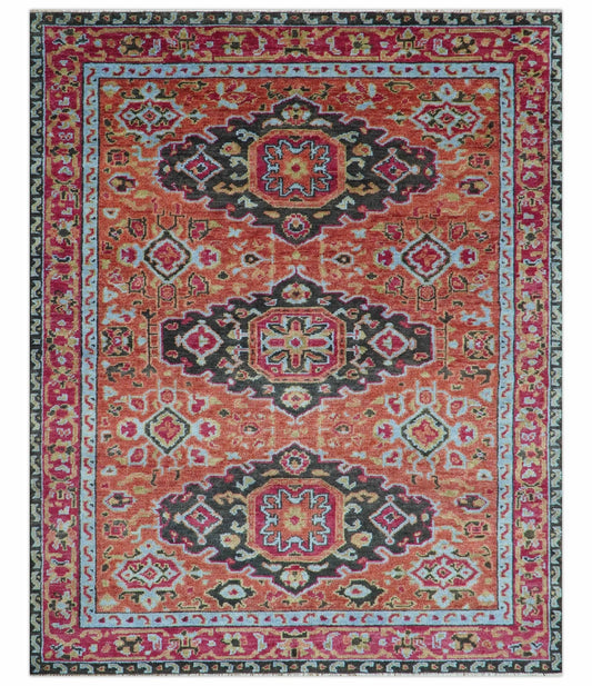Custom Made Traditional Central Medallions Design Rust And Black Hand Knotted Wool Rug.
