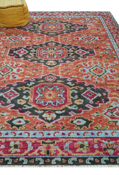 Custom Made Traditional Central Medallions Design Rust And Black Hand Knotted Wool Rug.