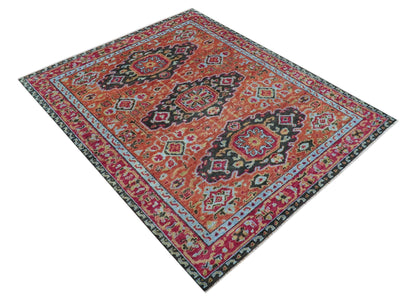 Custom Made Traditional Central Medallions Design Rust And Black Hand Knotted Wool Rug.