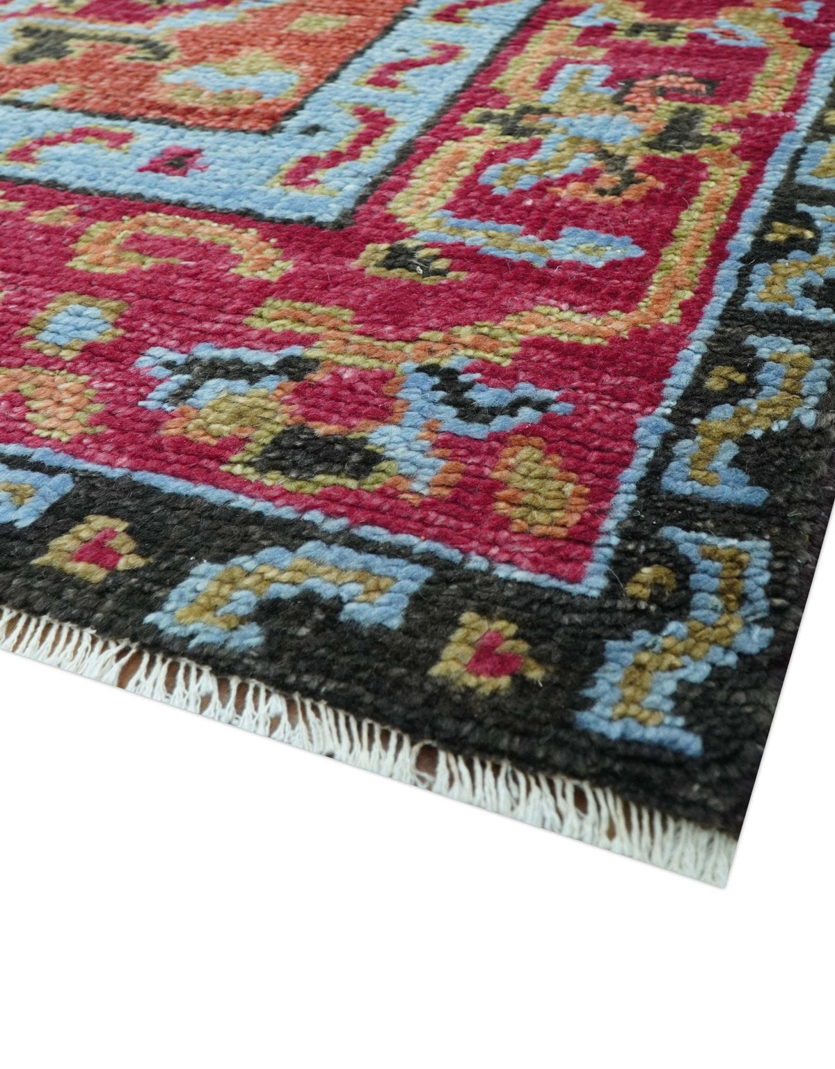 Custom Made Traditional Central Medallions Design Rust And Black Hand Knotted Wool Rug.