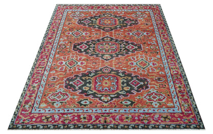 Custom Made Traditional Central Medallions Design Rust And Black Hand Knotted Wool Rug.
