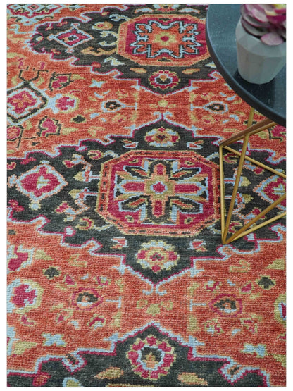 Custom Made Traditional Central Medallions Design Rust And Black Hand Knotted Wool Rug.