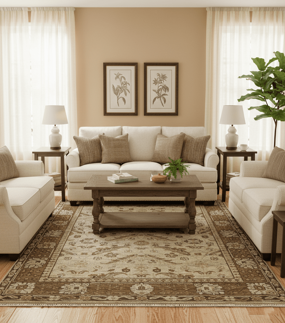 Custom Made Traditional Design Beige And Brown Hand Knotted wool area rug.
