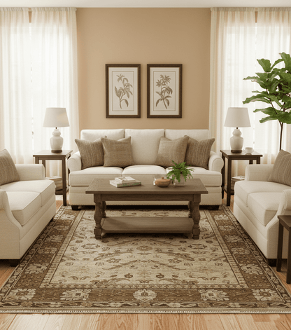 Custom Made Traditional Design Beige And Brown Hand Knotted wool area rug.