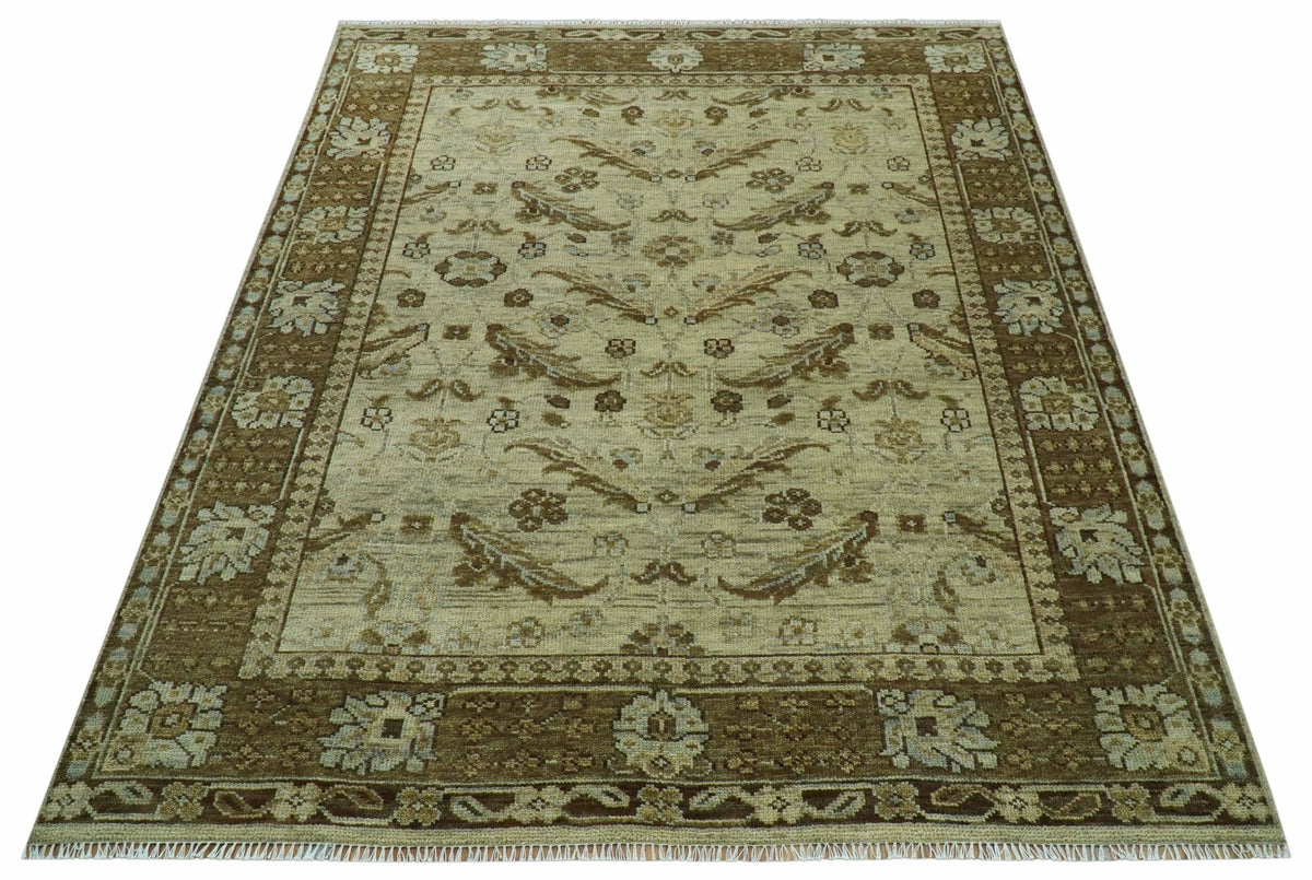 Custom Made Traditional Design Beige And Brown Hand Knotted wool area rug.