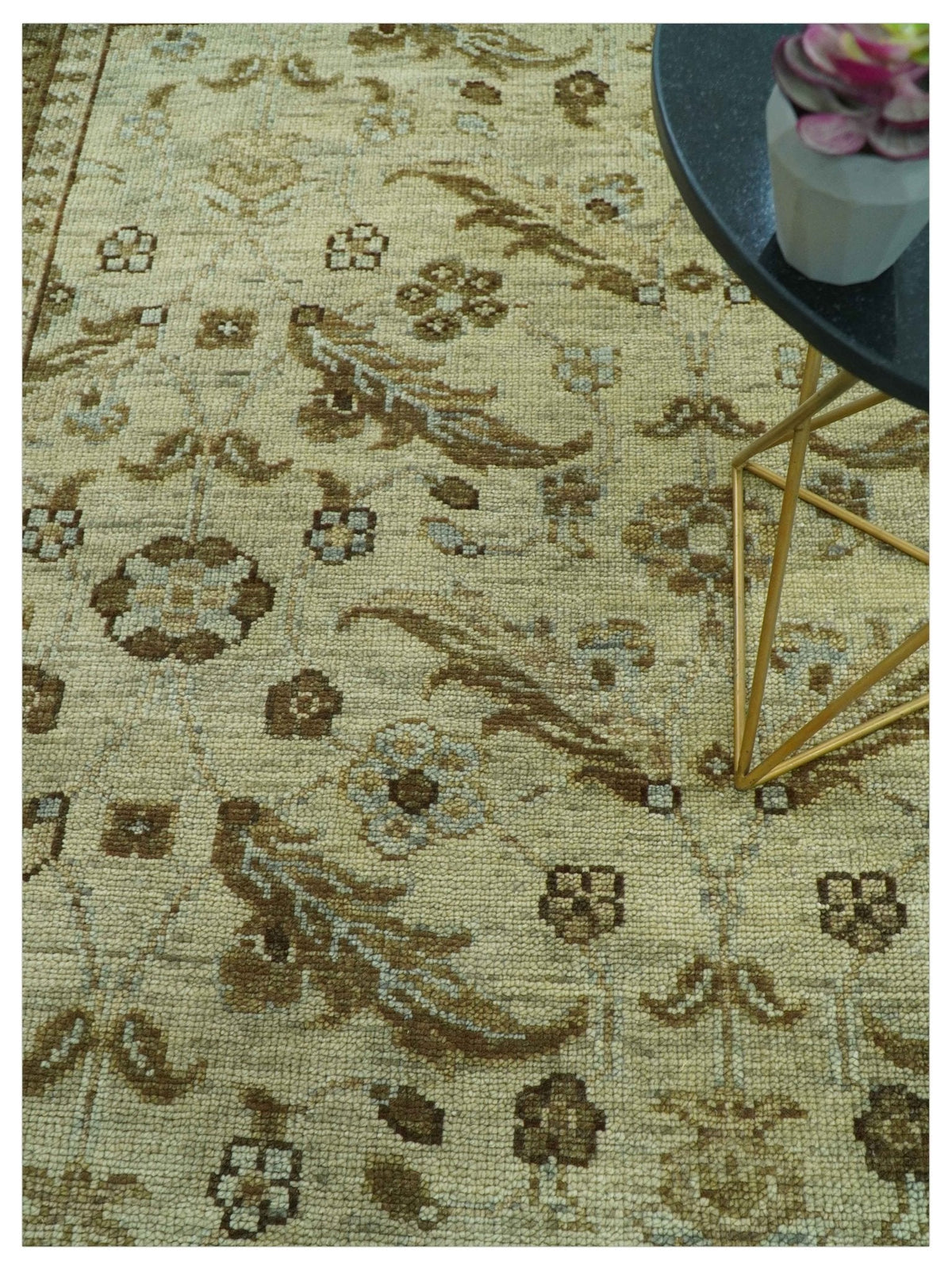 Custom Made Traditional Design Beige And Brown Hand Knotted wool area rug.