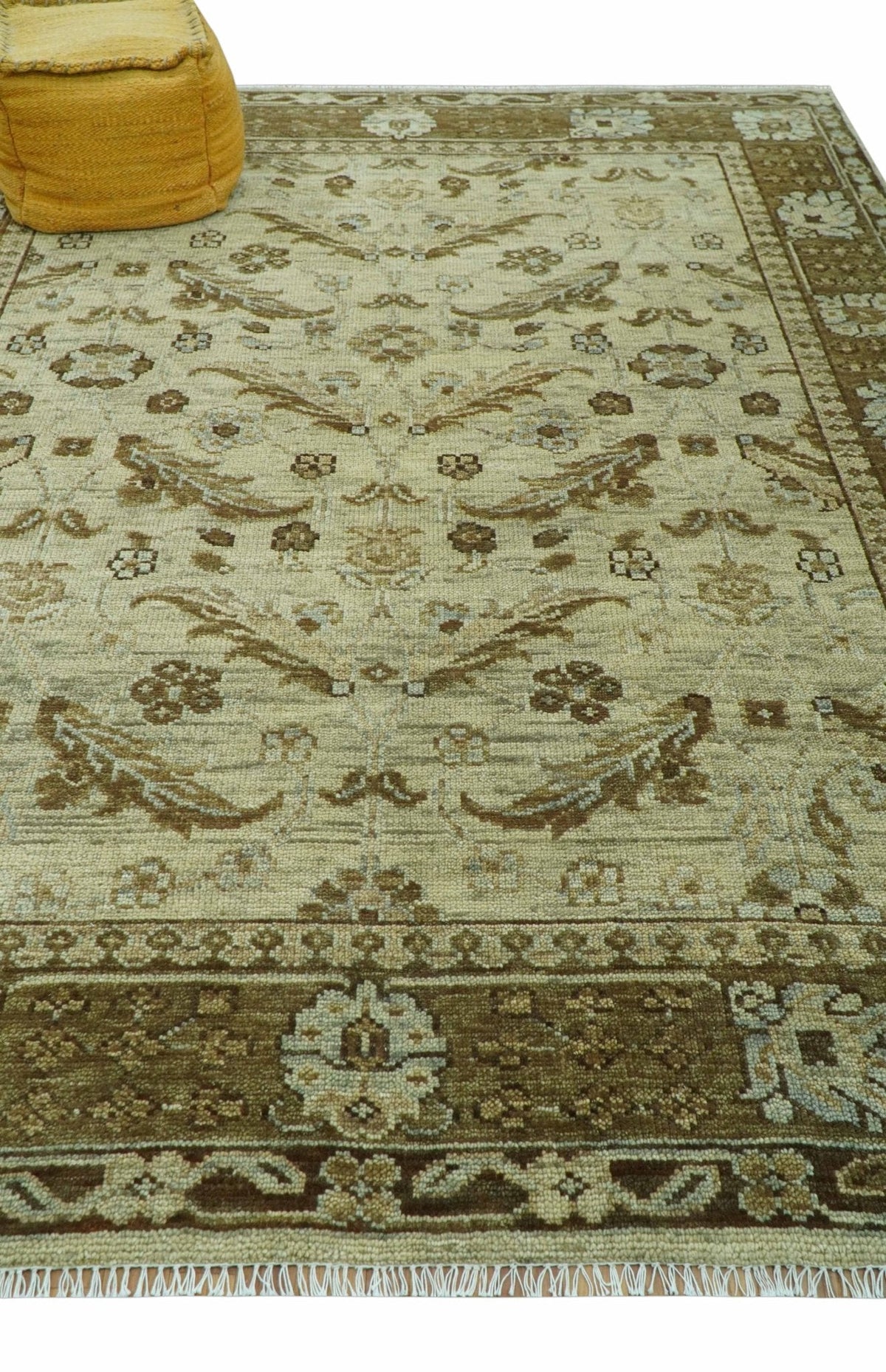 Custom Made Traditional Design Beige And Brown Hand Knotted wool area rug.