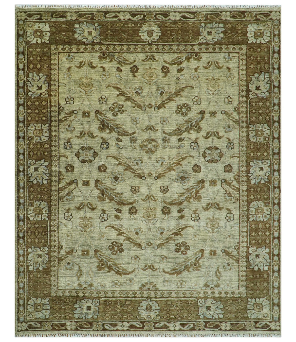Custom Made Traditional Design Beige And Brown Hand Knotted wool area rug.