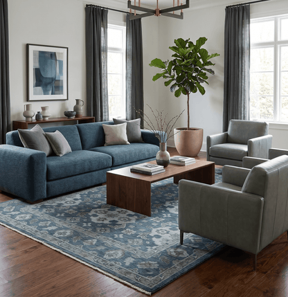 Custom Made Traditional Design Blue, Silver and Gray Hand knotted wool Area Rug.