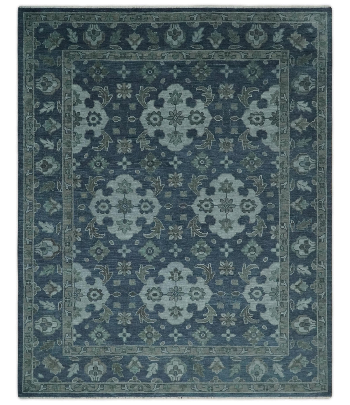 Custom Made Traditional Design Blue, Silver and Gray Hand knotted wool Area Rug.
