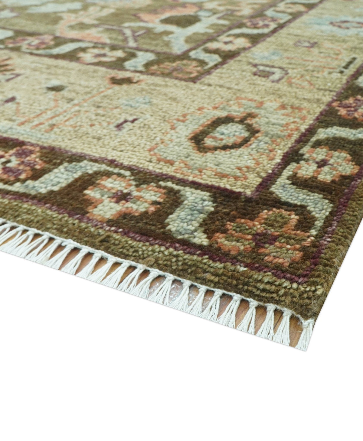 Custom Made Traditional Design Brown And Beige Hand Knotted wool area rug.