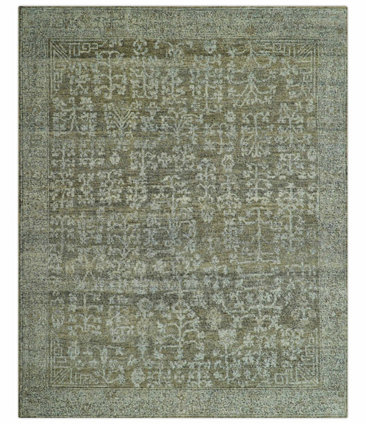 Custom Made Traditional Design Olive Hand Knotted Wool Area Rug.