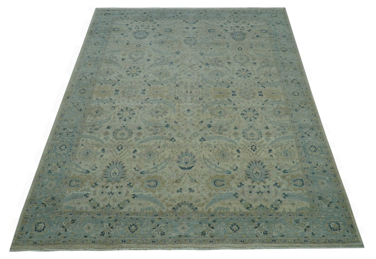 Custom Made Traditional Distressed Blue And Beige Hand Knotted wool area rug.