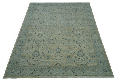 Custom Made Traditional Distressed Blue And Beige Hand Knotted wool area rug.