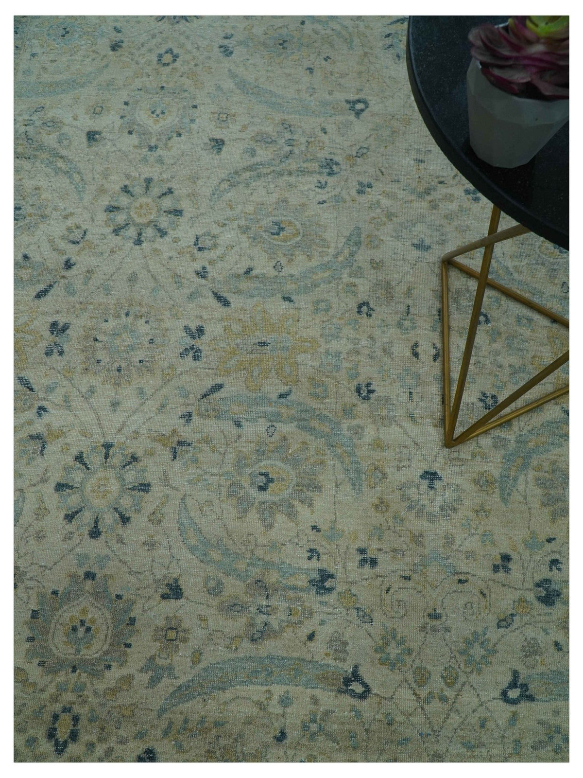 Custom Made Traditional Distressed Blue And Beige Hand Knotted wool area rug.