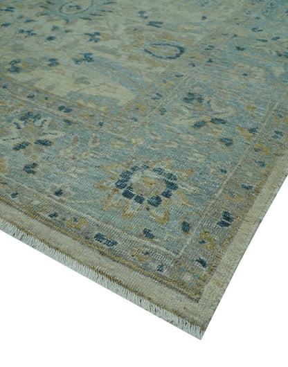Custom Made Traditional Distressed Blue And Beige Hand Knotted wool area rug.