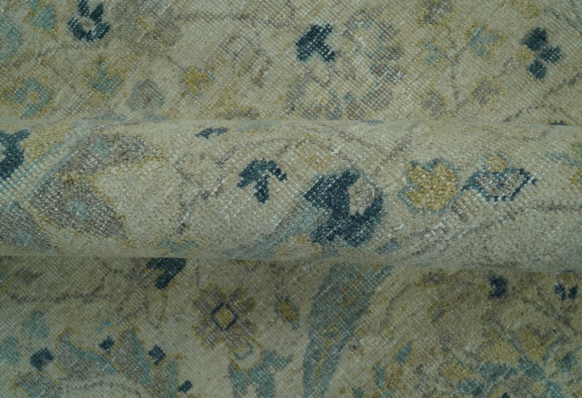 Custom Made Traditional Distressed Blue And Beige Hand Knotted wool area rug.