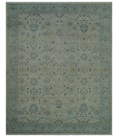 Custom Made Traditional Distressed Blue And Beige Hand Knotted wool area rug.