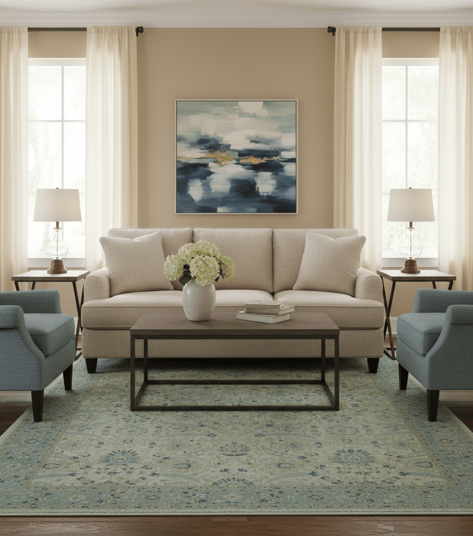 Custom Made Traditional Distressed Blue And Beige Hand Knotted wool area rug.
