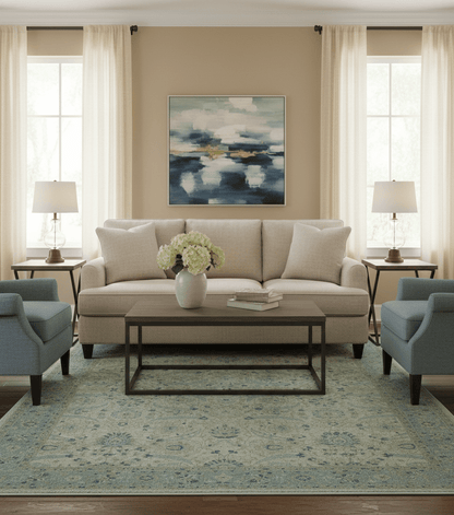 Custom Made Traditional Distressed Blue And Beige Hand Knotted wool area rug.