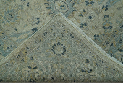 Custom Made Traditional Distressed Blue And Beige Hand Knotted wool area rug.