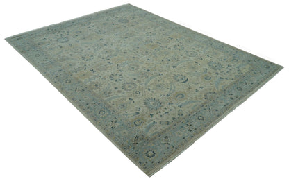 Custom Made Traditional Distressed Blue And Beige Hand Knotted wool area rug.