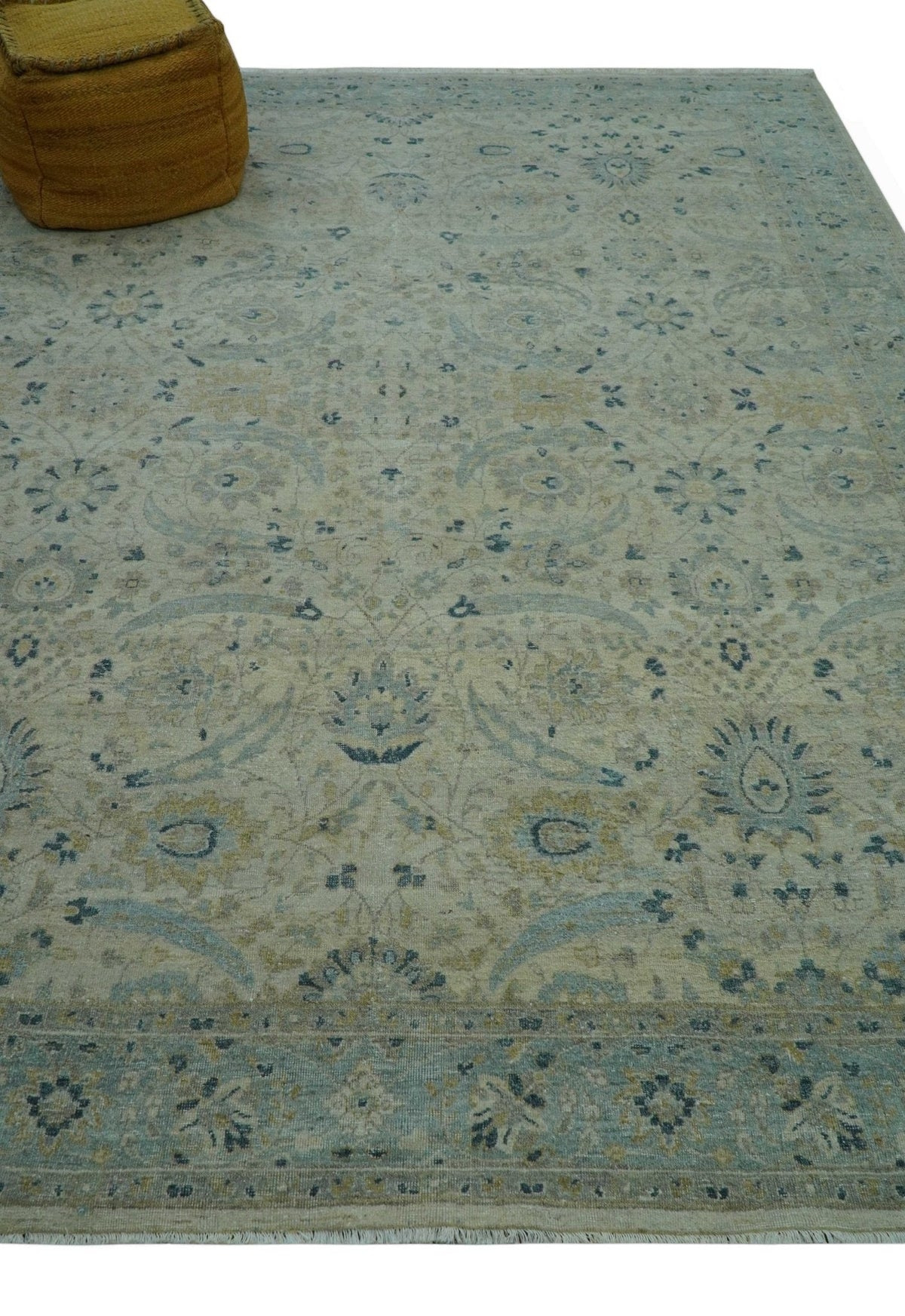 Custom Made Traditional Distressed Blue And Beige Hand Knotted wool area rug.