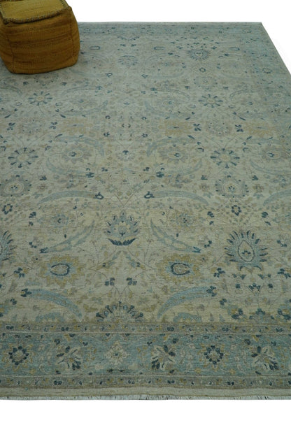 Custom Made Traditional Distressed Blue And Beige Hand Knotted wool area rug.
