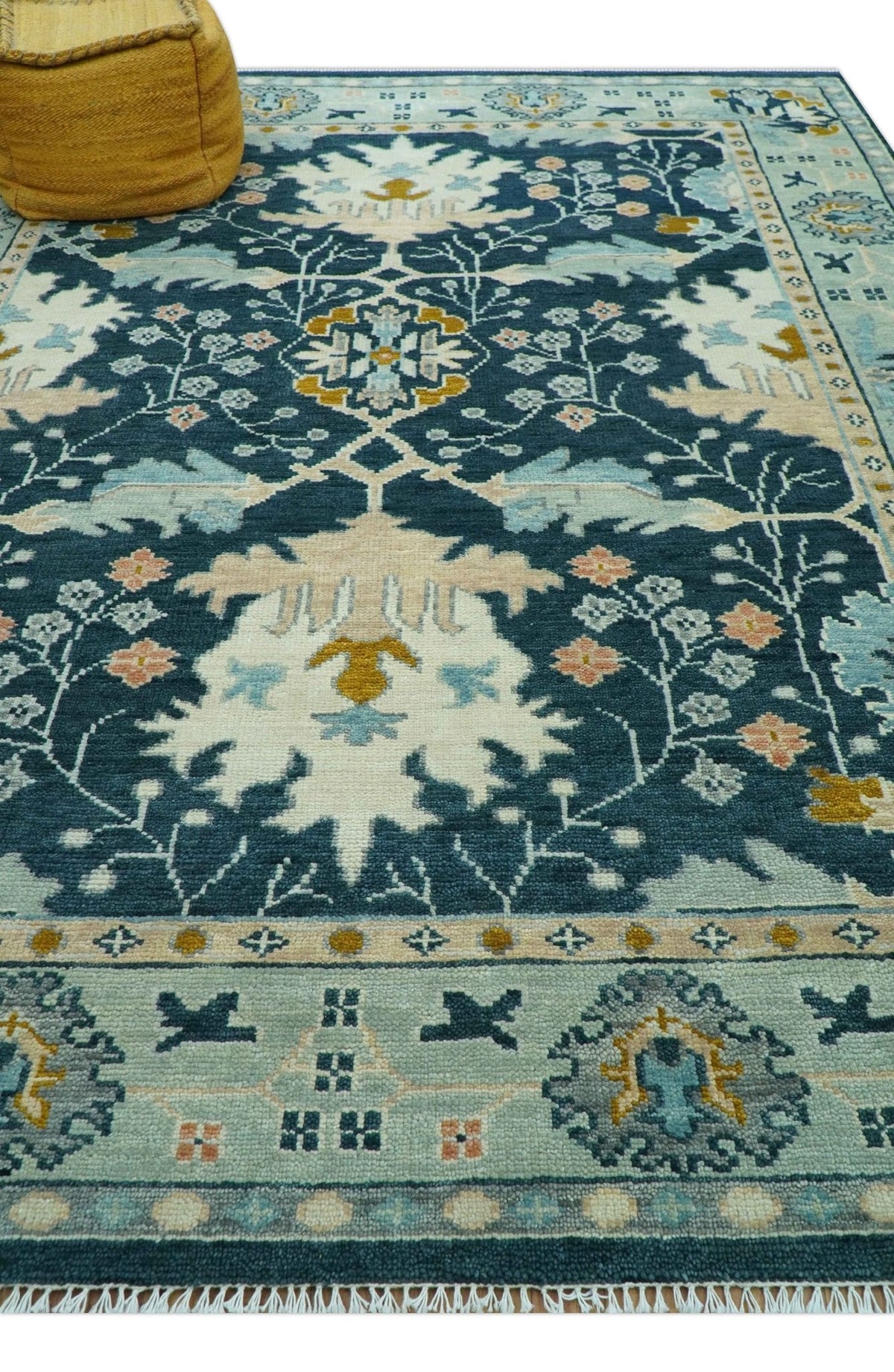 Custom Made Traditional Donegal Design Blue Hand Knotted wool area rug.