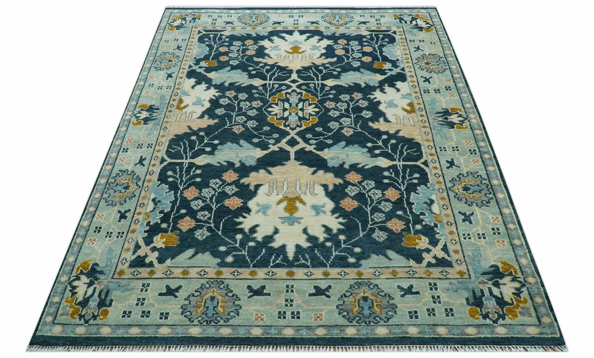 Custom Made Traditional Donegal Design Blue Hand Knotted wool area rug.