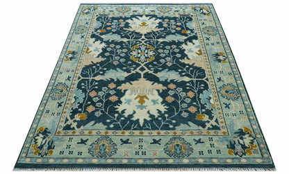 Custom Made Traditional Donegal Design Blue Hand Knotted wool area rug.