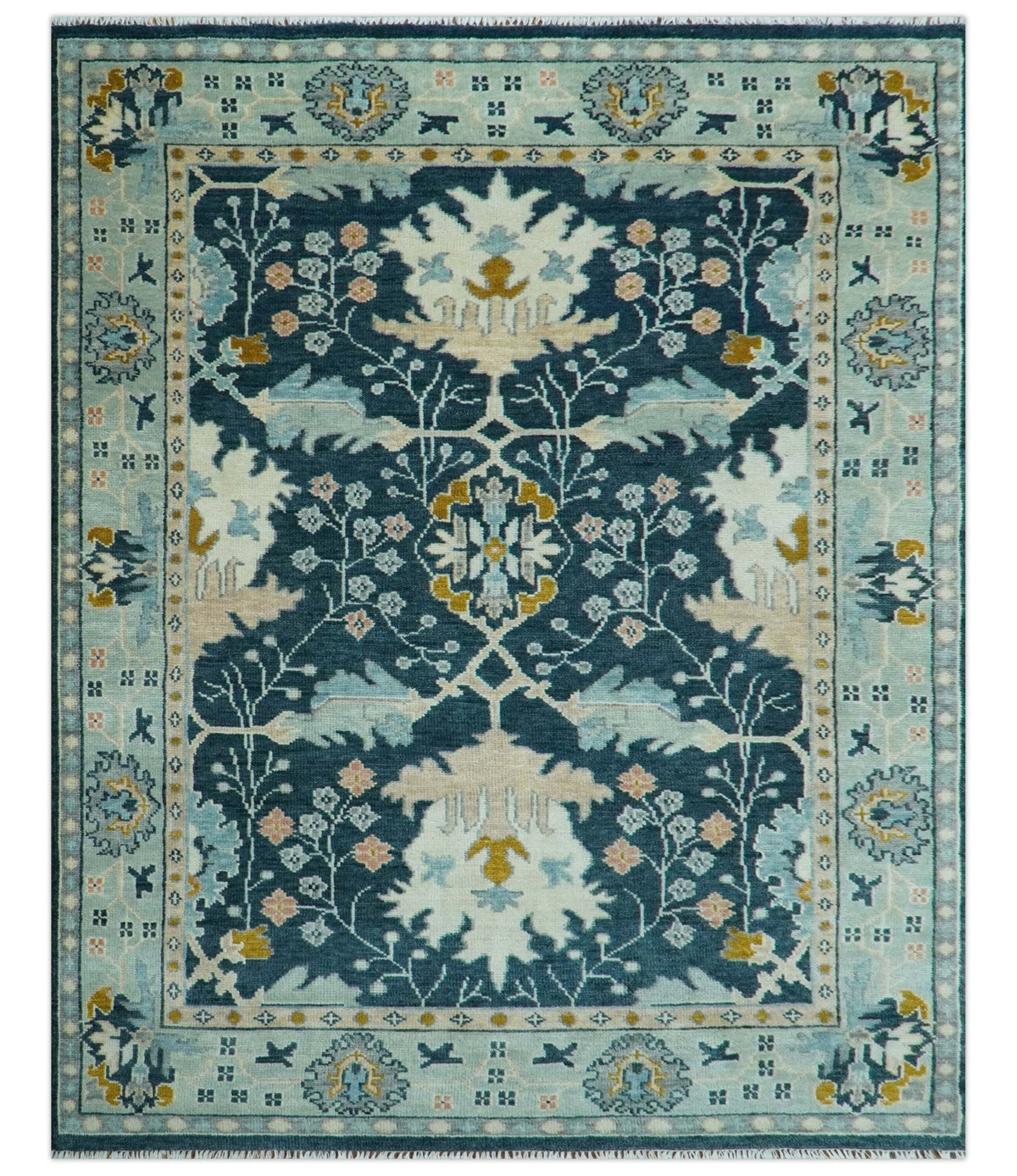 Custom Made Traditional Donegal Design Blue Hand Knotted wool area rug.