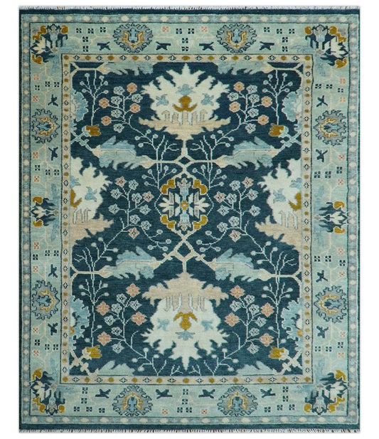 Custom Made Traditional Donegal Design Blue Hand Knotted wool area rug.