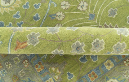 Custom Made Traditional Floral Design Green And Blue Hand Tufted wool Area Rug.