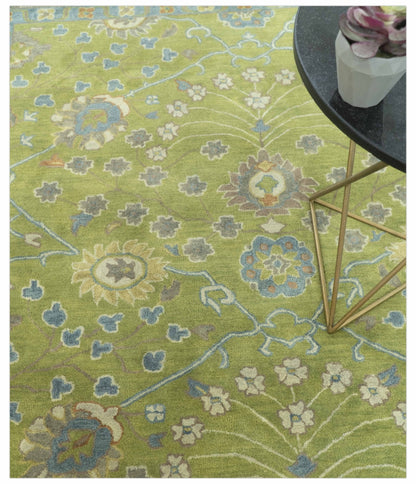 Custom Made Traditional Floral Design Green And Blue Hand Tufted wool Area Rug.