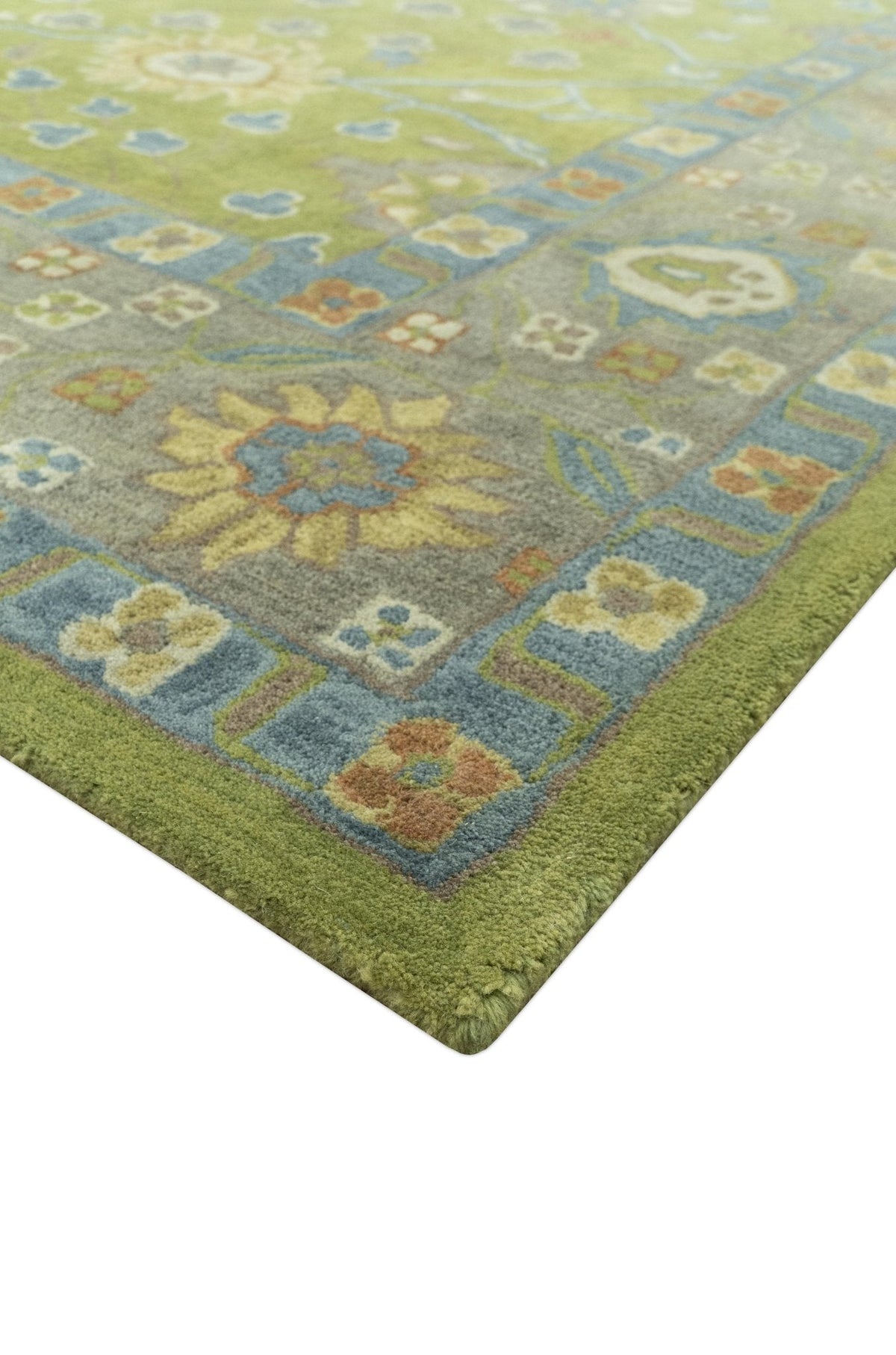 Custom Made Traditional Floral Design Green And Blue Hand Tufted wool Area Rug.