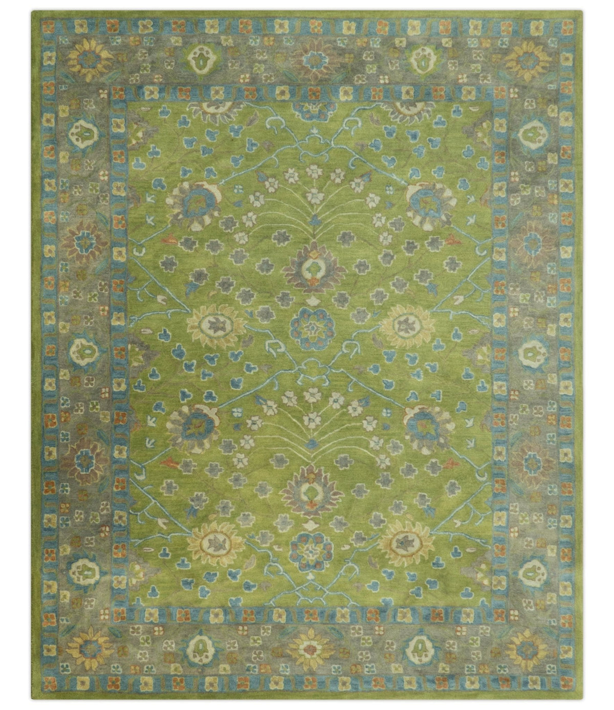 Custom Made Traditional Floral Design Green And Blue Hand Tufted wool Area Rug.