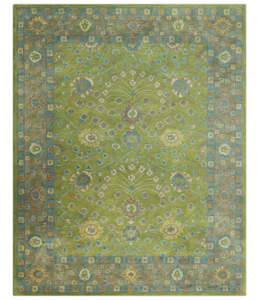 Custom Made Traditional Floral Design Green And Blue Hand Tufted wool Area Rug.