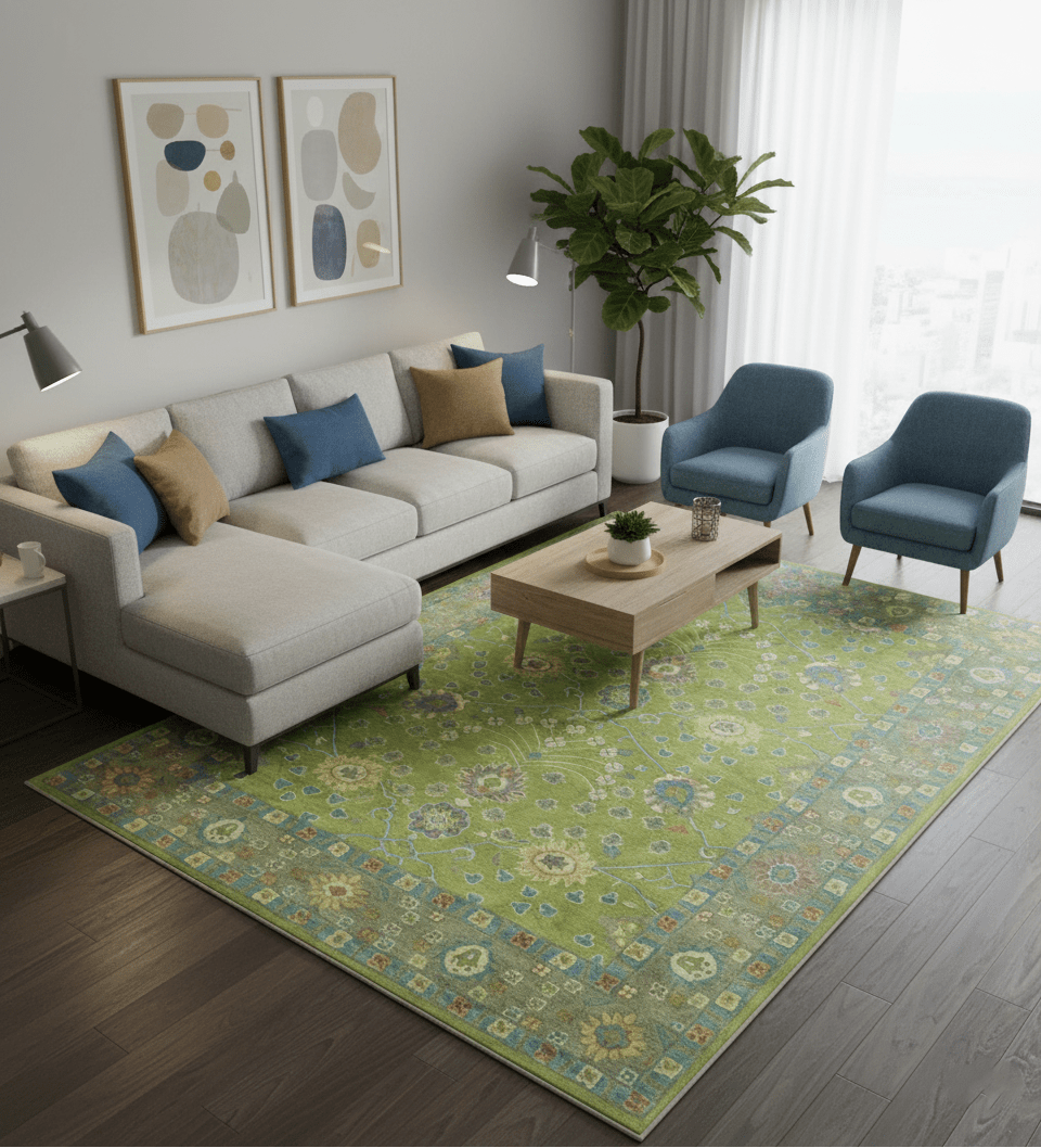 Custom Made Traditional Floral Design Green And Blue Hand Tufted wool Area Rug.
