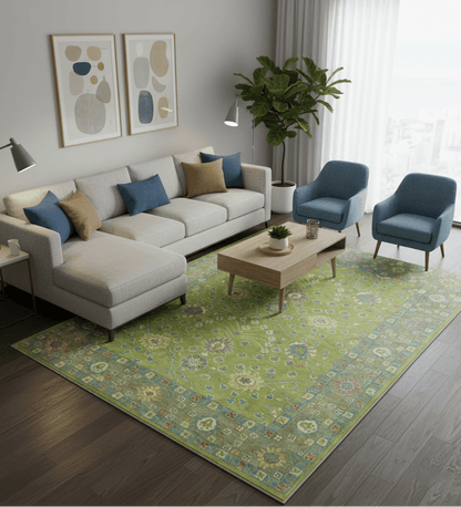 Custom Made Traditional Floral Design Green And Blue Hand Tufted wool Area Rug.