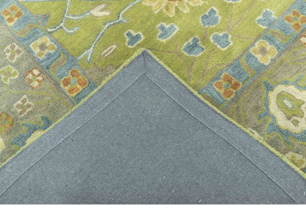 Custom Made Traditional Floral Design Green And Blue Hand Tufted wool Area Rug.