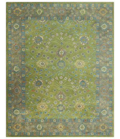 Custom Made Traditional Floral Design Green And Blue Hand Tufted wool Area Rug.