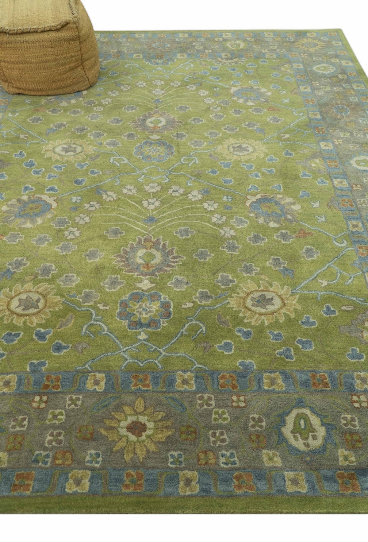 Custom Made Traditional Floral Design Green And Blue Hand Tufted wool Area Rug.