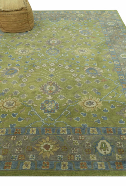 Custom Made Traditional Floral Design Green And Blue Hand Tufted wool Area Rug.