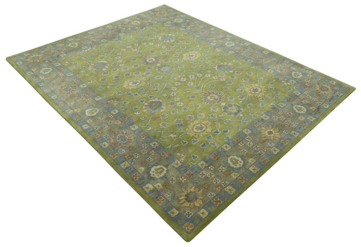 Custom Made Traditional Floral Design Green And Blue Hand Tufted wool Area Rug.