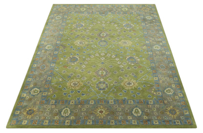 Custom Made Traditional Floral Design Green And Blue Hand Tufted wool Area Rug.