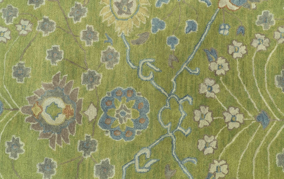 Custom Made Traditional Floral Design Green And Blue Hand Tufted wool Area Rug.